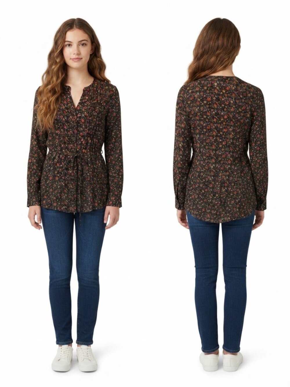 Kaii Floral Print Button Down Blouse Tie Waist Long Sleeve Size L